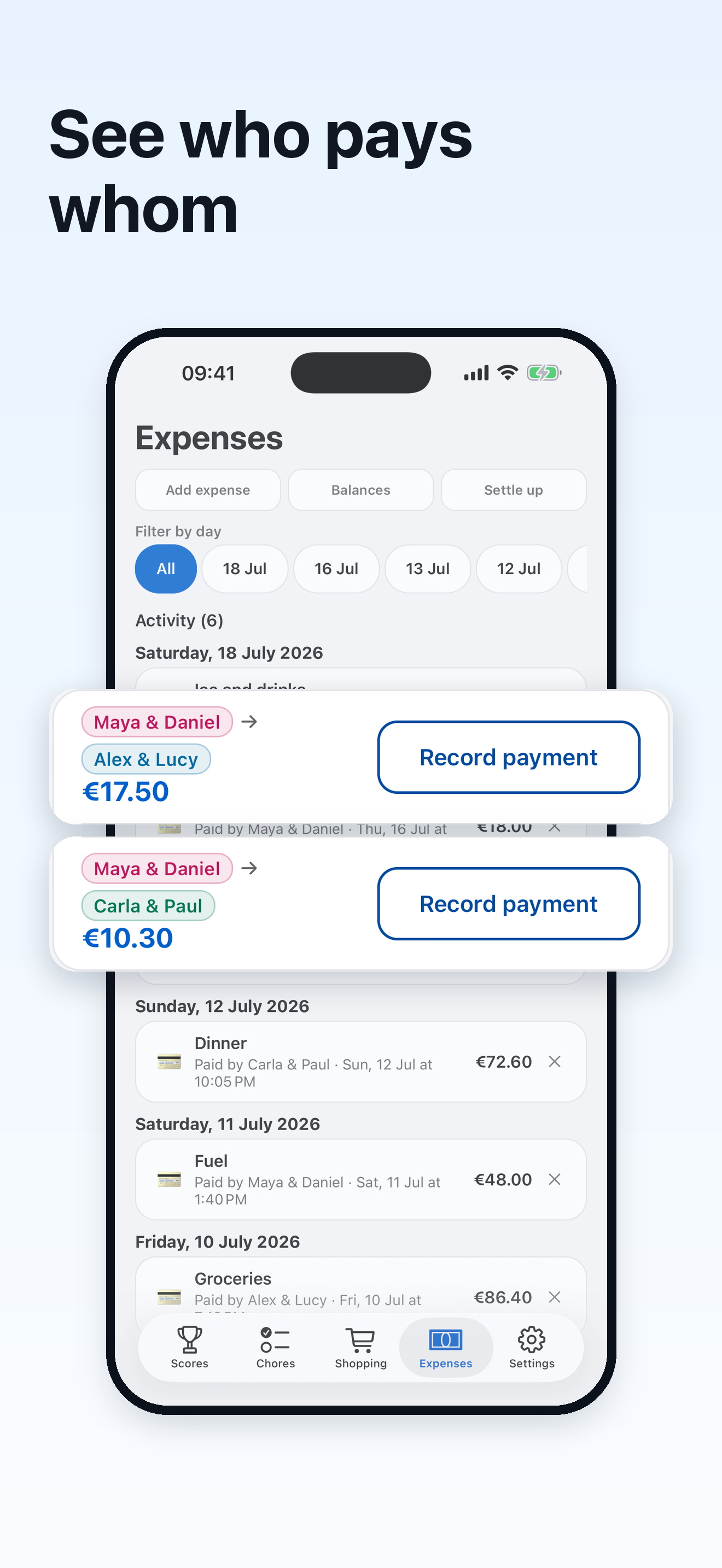 Shared expense balances and a suggested settle-up plan in Tokarea
