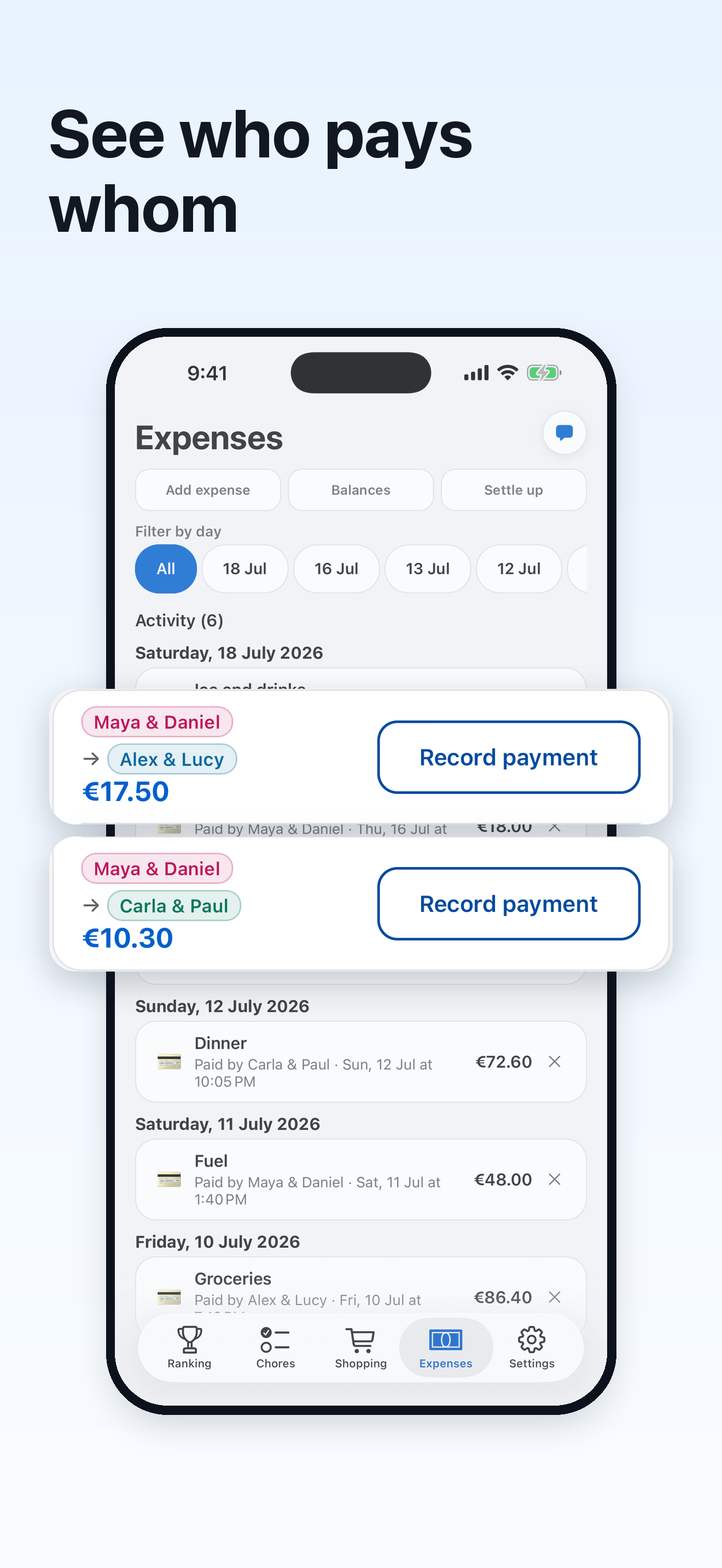 Shared expense balances and a suggested settle-up plan in Tokarea
