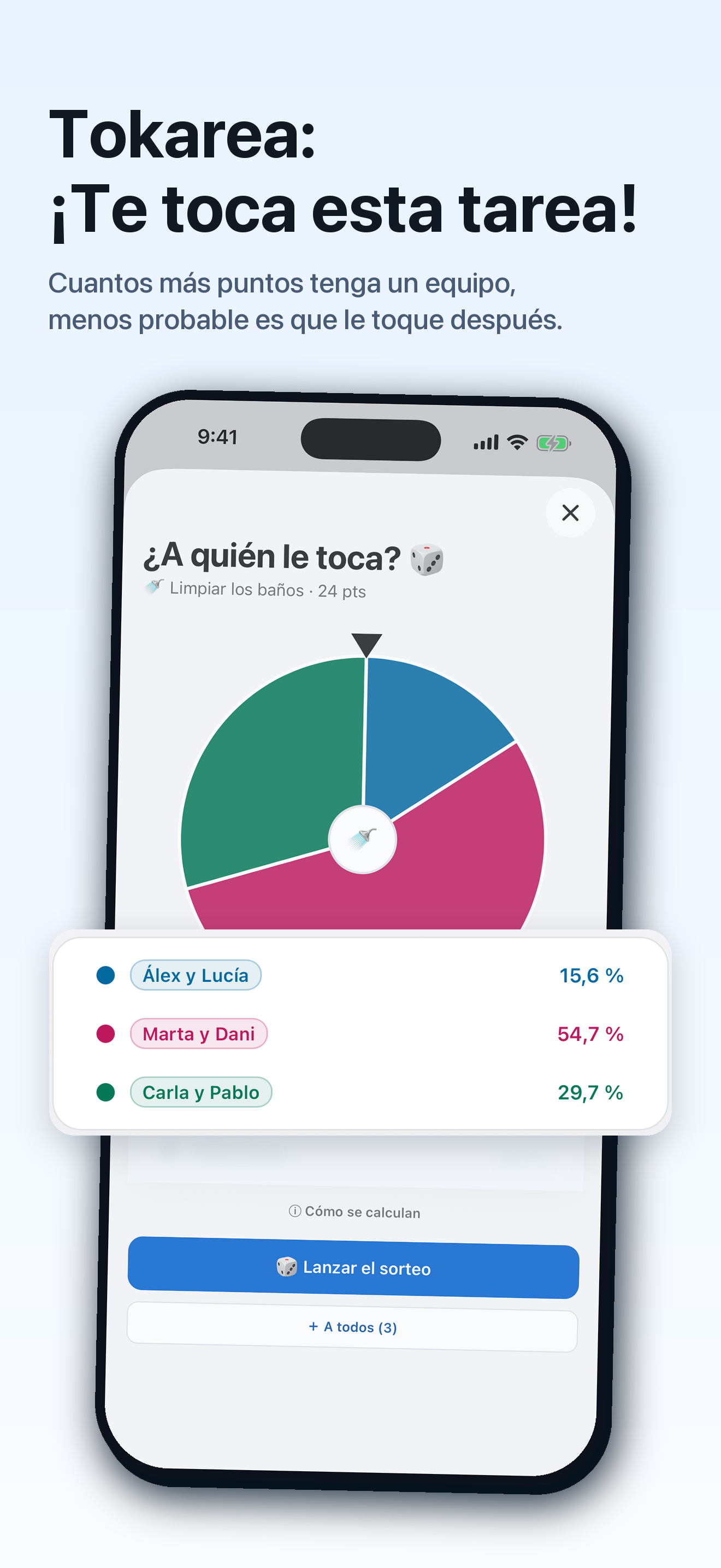 Sorteo de Tokarea con los porcentajes de cada equipo a la vista