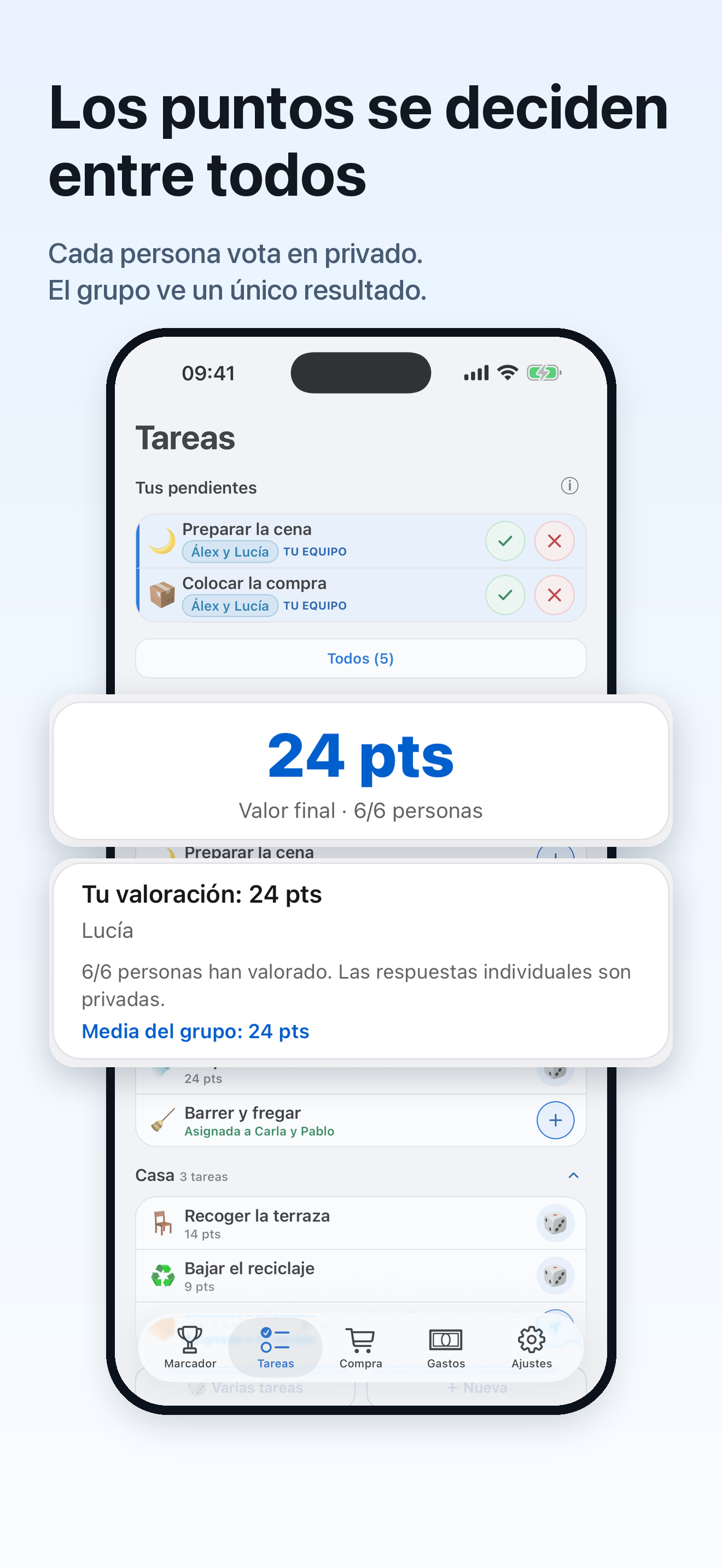 Valoración conjunta de los puntos de las tareas en Tokarea