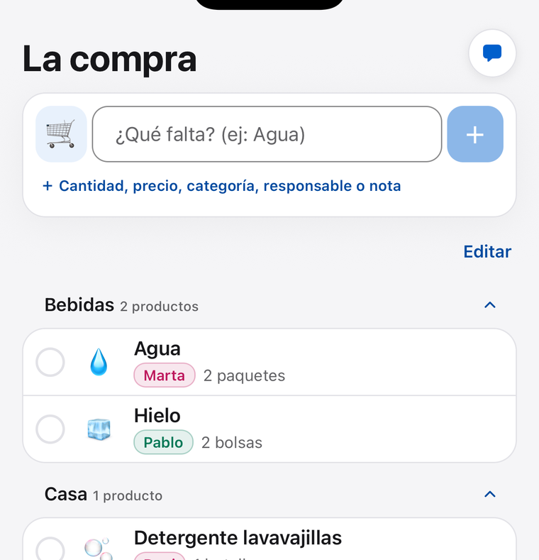 Lista de la compra compartida de Tokarea con responsables por producto