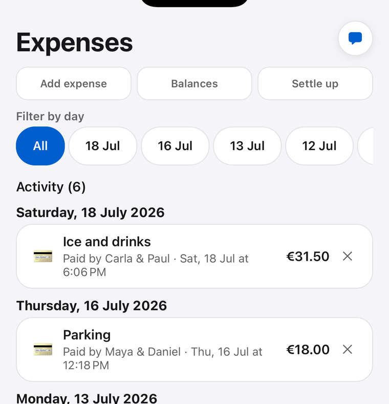 Shared group expense movements in Tokarea