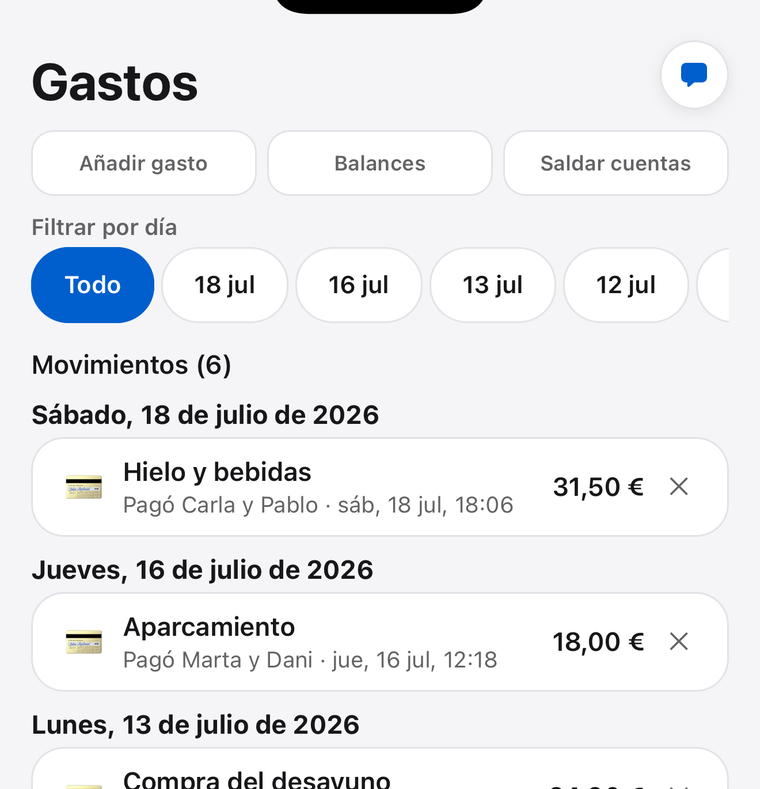 Movimientos de gastos compartidos de un grupo en Tokarea
